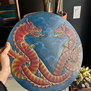 Vintage Hand Carved Double Dragon Wood Wall Plaque 15.75” Fantasy Decor